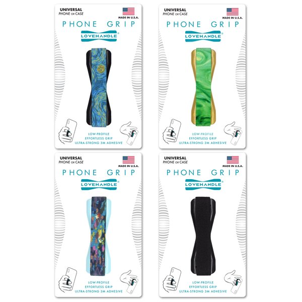 LOVEHANDLE Grip for Smartphone and Mini Tablet, Artisan Design Elastic Strap with Colored Base, 4 Piece Value Pack
