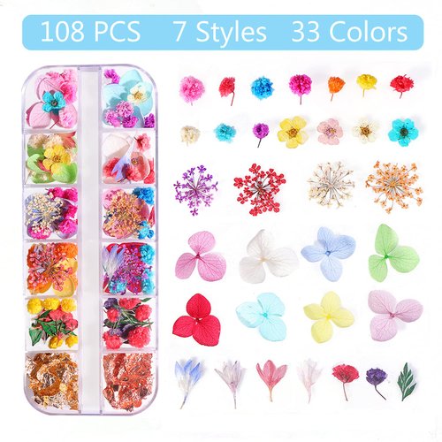 108PCS Dried Flowers for Nail Art - 33 Color Lovely Natural Flower Nail Art, 2 Color Foil Nail Art, Nail Art Accessories Kits, Dried Flowers for Resin Molds, YWLI (Dried Flowers + Foil)