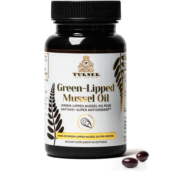 TURNER Omega-3 New Zealand Green Lipped Mussel Oil, 53x Higher Potency with UAF1000+ Super Antioxidant for Superior Joint Comfort & Mobility, No Fishy Aftertaste, 1 Bottle, 60 Softgels