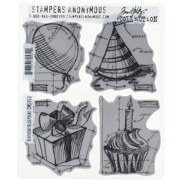 Stampers Anonymous Tim Holtz Cling Rubber Stamp Set, 7 by 8.5-Inch, Birthday Blueprint