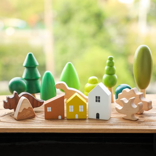 16 Pcs Wooden Stacking Blocks for Toddlers, Wooden Montessori House & Dinosaur Toys, Various Sizes Learning Educational Mini Trees, Forest Tree Ornaments Toys Set for Craft & Home Decor Accessories