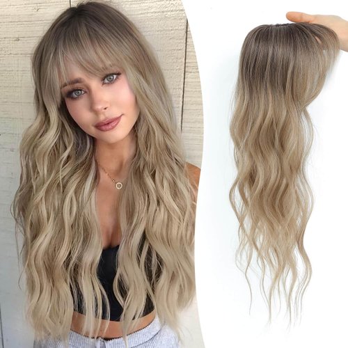 Fine Plus Mini Hair Topper Clip in Bangs 360° Cover Curly Bangs Hair Clip Fake Bangs Synthetic Wavy Hair Toppers for Women French Clip in Hair Extensions for Daily Wear(Dark Blonde with Dark Root)
