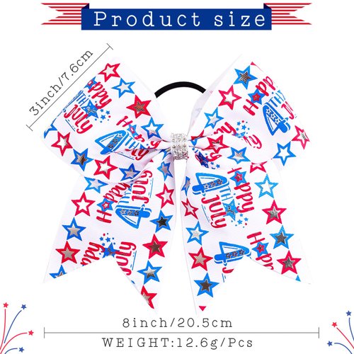 4th of July Cheer Bows American USA Patriotism Team Bows 6Pcs Patriotic Flag Cheerleader Hair Bows with Elastic Ponytail Holder for Competition Independence Day Girls Teens Kids (USA Cheer Bows Q)