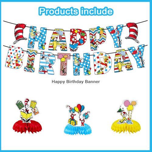 Seuss Cat Birthday Party Decorations, Cat In the Hat Theme Birthday Banner Honeycomb Centerpieces Hanging Swirls Party Latex Balloons for Birthday Baby Shower Party Supplies