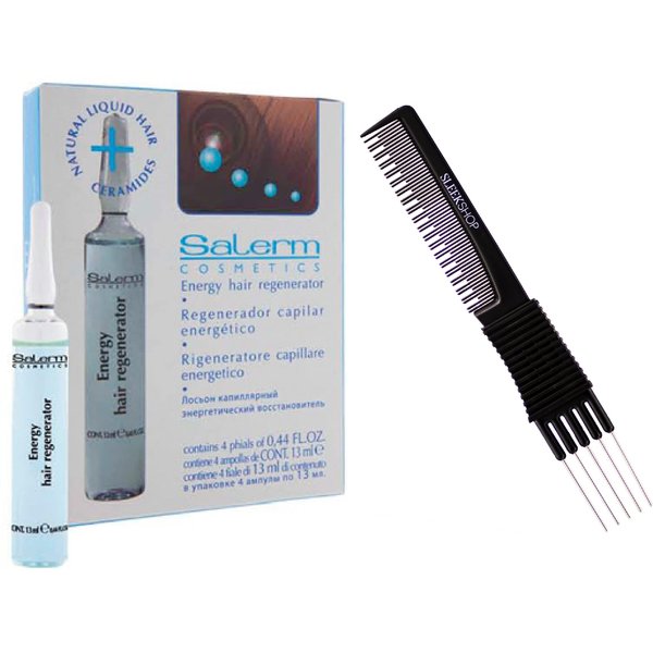 Salerm Cosmetics Energy Hair Regenerator, Stimulates Scalp Circulation for Hair Loss & Thinning Hair (w/ Sleek Teasing Comb) (4 phials of 0.44 oz (PACK OF 2))