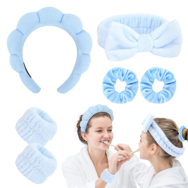 GAFATORY 6Pcs Blue Sponge Spa Headbands for Women Wristbands Hair Scrunchies Set Makeup Headband for Facewash Skincare Soft Mother Gift with Daughter Gift Set with Girl Friend