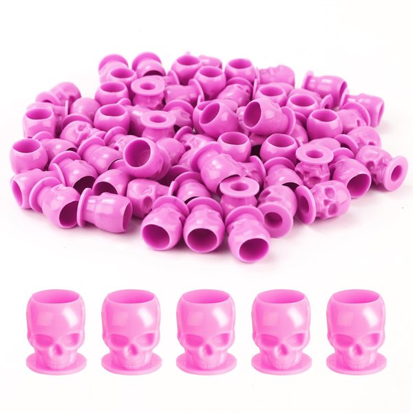 OFEYLE Tattoo Ink Caps Disposable Skull Tattoo Ink Cups 200PCS Plastic Ink Caps for Tattooing Makeup Pigment Ink Cups Tattoo Ink Holder Tattoo Supplies and Equipment, Tattoo Accessories (Pink)