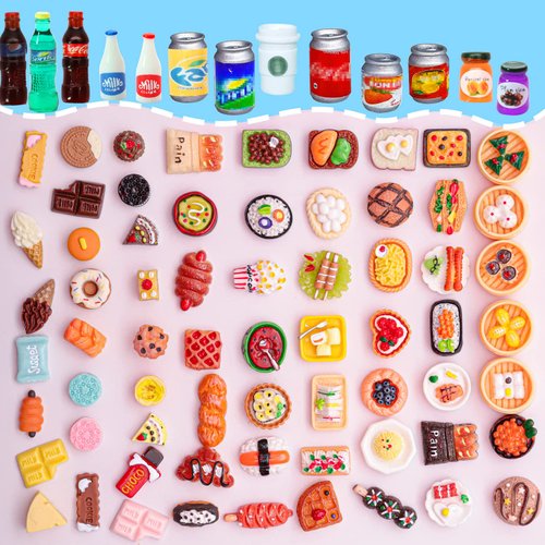 80 Pieces Mini Food Drinks Bottle Toys Pretend Food for Dollhouse Kitchen Accessories Mini Play Resin Food Toys for Adults
