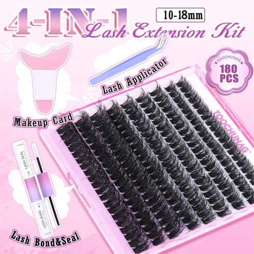 Fluffy 80D Lash Extension Kit DD Curl Eyelash Extension Kit 10-18mm 180pcs Lash Clusters Kit with Lash Bond and Seal Thick Individual Lashes Extension Kit with Eyelashes Tools &Tweezers by TOOCHUNAG