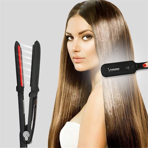 ELEOPTION Steam Hair Straightener Brush Infrared 2 in 1 Dual Voltage Professional Ceramic Tourmaline Flat Iron Hair Straightening 360°Swivel Cord Anion Care for Short Hair Thick Hair