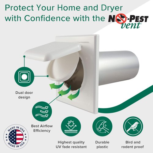 NO-PEST VENT, Dual Door Dryer Vent Cover Outdoor 4 inch, Made in USA, The ONLY Dryer Vent with a DUAL DOOR DAMPER To Seal Your Home, No Lint Collecting Screen