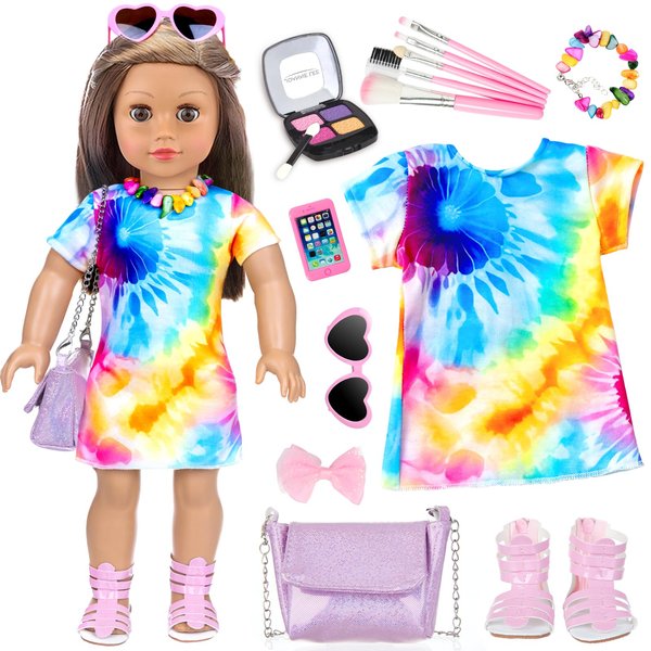 13 Pcs American 18 Inch Doll Accessories and Clothes, Doll Makeup Accessories Set Include Girl Doll Makeup Brush, Eye Shadow,Necklace, Shoulder Bag,Doll Dress,Doll Shoes,Bow Knot Hairpin(No Doll)
