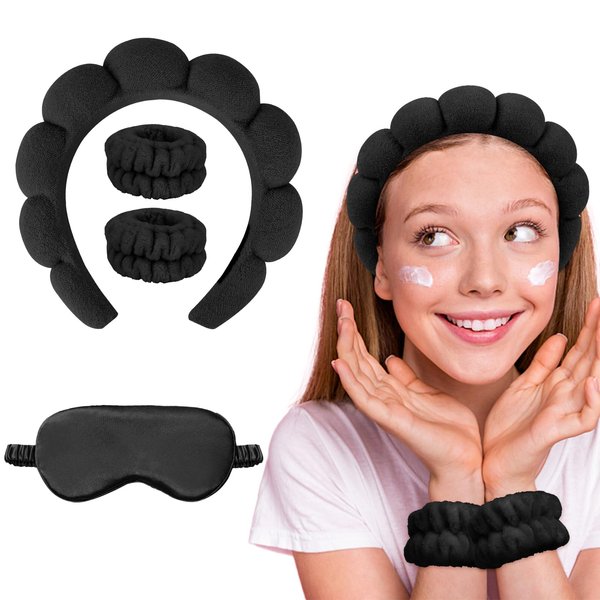 Semato Spa Headband and Wristband Set for Washing Face with Eye Mask Bubble Headband Sponge Makeup Headband Wrist Towels Bubble Soft Skin Care Hairband for Women and Girls (Black)