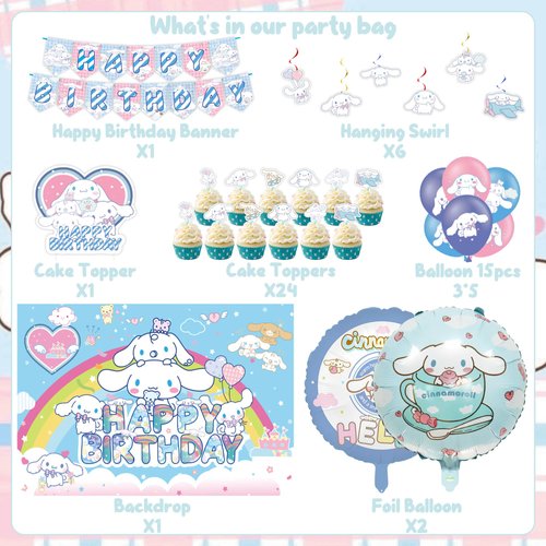 Kawaii Birthday Decorations, Cute Party Supplies Include Banner, Hanging Swirl, Balloon, Backdrop, Cupcake Toppers for Kawaii Birthday Supplies
