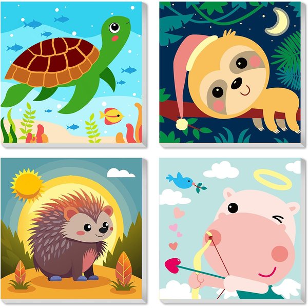 mrpwnle Framed 4 Pack Paint by Number for Kids, Paint by Numbers for Kids Ages 8-12, Paint by Numbers Kits Children Beginner, DIY Animals Acrylic Oil Painting Kits for Home Wall Decor 8x8inch