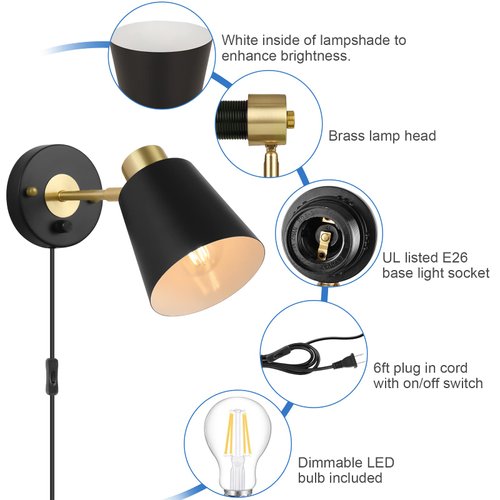 VATONI Plug in Wall Sconce, Dimmable Wall Sconce Adjustable Wall Lights with Plug in Cord and Dimmer On/Off Rotary Switch, Wall Mounted Light for Bedside Bedroom Doorway(One Bulb Included)