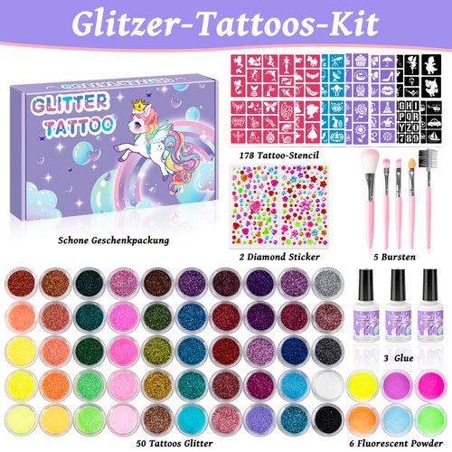 Temporary Glitter Tattoos Kids,50 Glitter Colors and 6 Fluorescent Colors,178 Stencils,2 diamond stickers,3 Glue,5 Brushes,Adults and Kids Arts Glitter Kit,Wonderful Holiday Gifts for Girls & Boys.