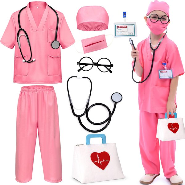 SVMK 8pcs Kids Doctor Costume Toddler Scrubs Set Girls Boys Doctor Dress Up Costumes with Bag Real Stethoscope Glasses Accessories Pretend Play Halloween Career Day (Pink, 120)
