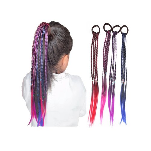 8 Pieces Multicolor Braids Hair Extensions Accessories with Rubber Bands Rainbow Hairstyle Ponytails Braided Synthetic Hairpieces for Women Girls Kids