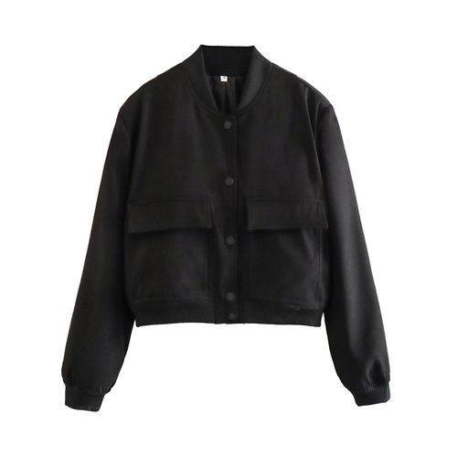 Faleave Women's Cropped Bomber Jacket Casual Street Button Down Varsity Jacket with Two Big Pockets(Black-S)