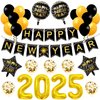 2025 Gold Balloons Happy New Year Banner Gold Black Paper Flag Bunting Swirl Streamers & Pom Poms Balloons for New year Party Decorations