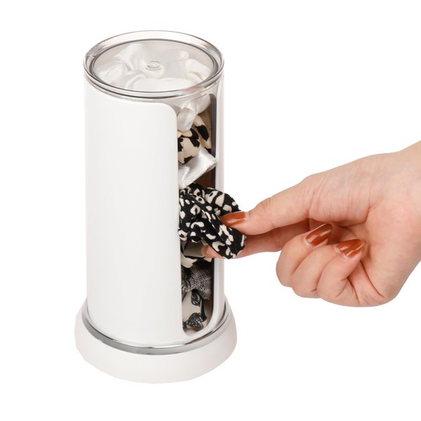 FABROK Plastic Portable Scrunchie Holder, Double Barrel Design Hair Tie Accessories Stand, Clear Bathroom Jars for Scrunchie, Hair Accessory, Round Cotton Pads（White-1PC）