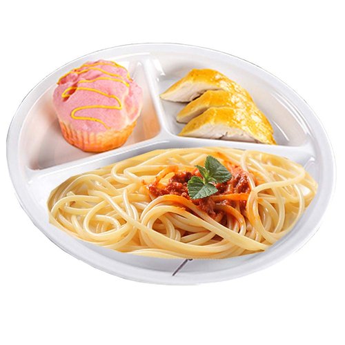 AIYoo Reusable Dinner Plates 4 Pack 10.25 Inch Plastic White Divided Plates for Adults Camping 3-Compartment Portion Control Plate Round Diet Lightweight Dinner Plates