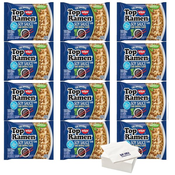 Nissin Top Ramen, Soy Sauce Flavor, The Original Instant Ramen, (3oz. 12-Pack) - with Bay Area Marketplace Napkins