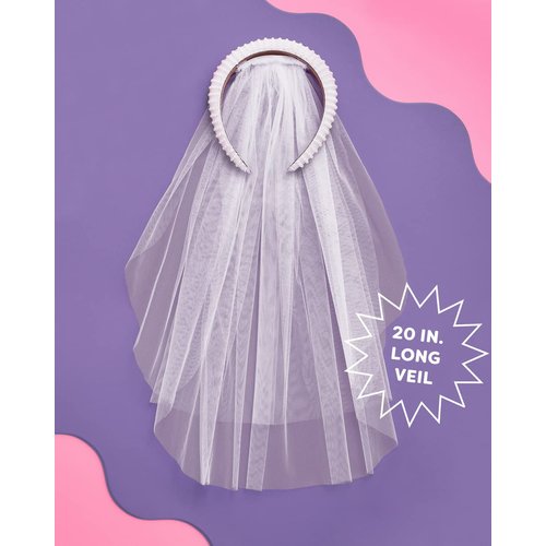 xo, Fetti Bachelorette Party Decorations Pearl Headband with Detachable Veil | White Headpiece Bridal Shower Gift, Bridesmaid Favors