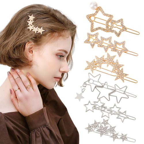 Star Hair Clips 6PCS Star Hair Barrettes Star Hair Pins Non-slip Metal Hair Clips Rhinestone Hair Clips Pearl Hair Clips Silver Golden Hollow Geometric Hairpins for Women Star Hair Accessories