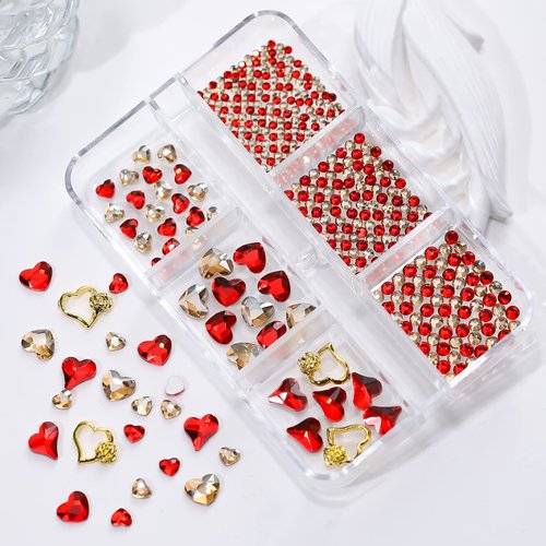 767pcs Red Heart Nail Art Charms Gems Nail Art Supplies 3D Crystal Flatback Rhinestone for Valentines Nail Art Decoration Round Beads Diamonds Jewels Design Acrylic Nails Faces DIY Crafts