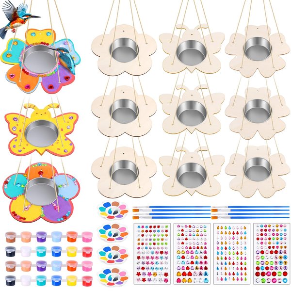 12 Pack Bird Feeder Craft Kits with Stainless Steel Bowls DIY Your Own Unfinished Wooden Ornaments Outdoor Party Favor Gifts for Nature Loving Kids