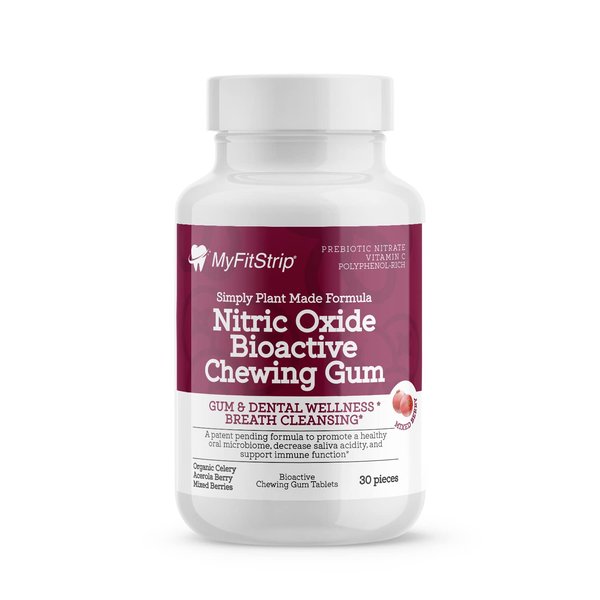 Plant-based Prebiotic Nitric Oxide Chewing Gum by MyFitStrip - Promotes a Healthy Oral Microbiome - Organic Prebiotic Nitrate Leafy Celery Greens, Acerola Berry, Polyphenol-rich Dark Berries, and Xylitol Formula in 30 Bioactive Tablets