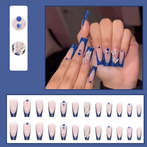 YoYoee Long Coffin False Nails Blue Butterfly Press on Nails French Fake Nails Acrylic Ballerina Nails Tips for Women and Girls 24PCS