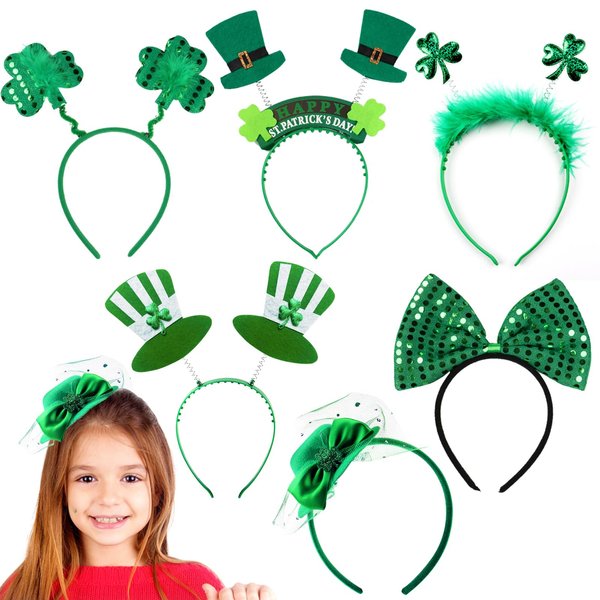 Yocharm 6 Pack St. Patrick's Day Headbands Shamrock Clover Headband Feathered Top Hat Boppers Party Packs for Irish Saint Patrick's Day Costume Accessories