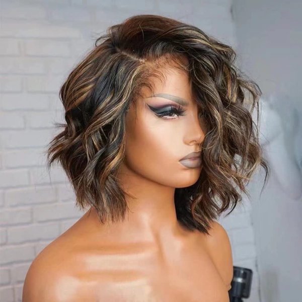 Colored Ombre Bob Short Loose Wave 13X6 HD Transparent Lace Frontal Wig Human Hair Wigs Pre Plucked Bleached Knots 1B 27 Color Honey Blonde Short Wavy Brazilian Virgin Human Hair Wig 150 Density 8"