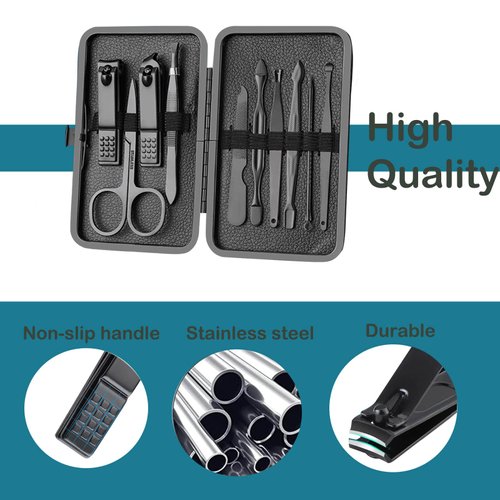 Manicure Set Nail Clippers Pedicure Kit -10PCS Stainless Steel Manicure Set, Professional Mens Grooming Kits, Nail Care Tools with Luxurious Travel Leather Case Gift Box (10, Black)