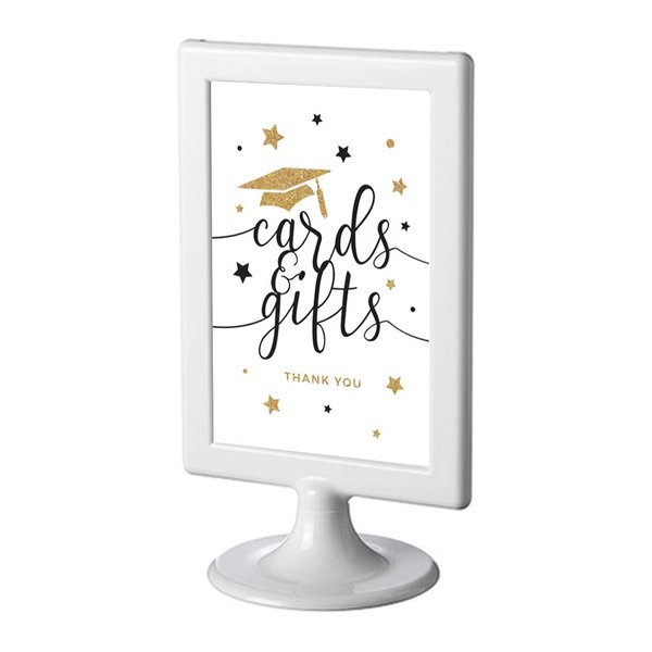 Andaz Press White and Gold Glittering Graduation Party Collection, Framed Party Sign, Double-Sided 4x6-inch, Cards & Gifts, 1-Pack, Includes Reusable Frame