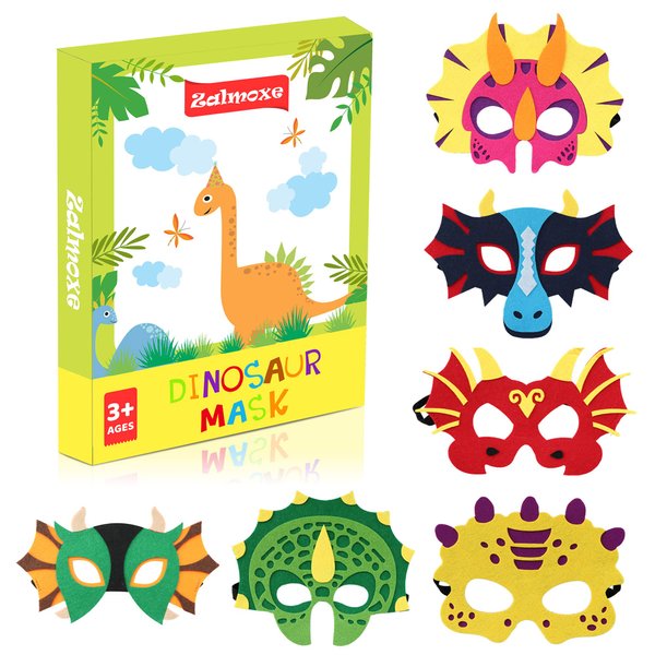 Zalmoxe Felt Kids Dinosaur Masks Face Mask Dinosaur Birthday Party Supplies Decorations Masquerade Halloween for Toddler Boys Girls(6 Styles)