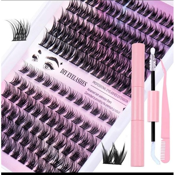 Eyelash tool kit. 126 clusters DIY. Eyelash extension individual glue based. 0.07MM. 8d fluffy mink eyelashes. 10mm-14mm length. Russia Curl lash. With lash bond and seal. tweezers for self use.