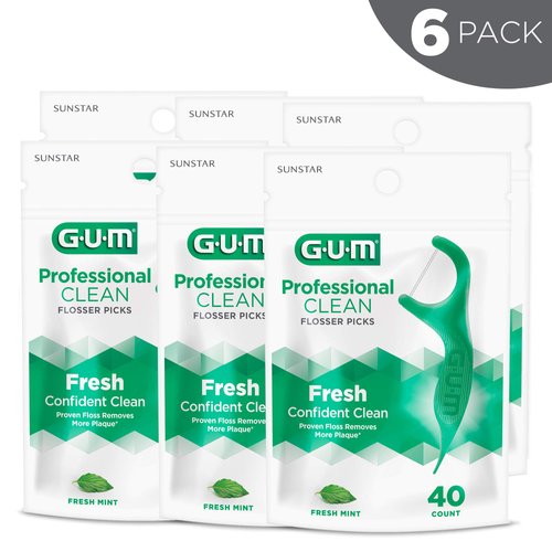 GUM Professional Clean Floss Picks - Extra Strong Shred-Resistant Floss, Easy Grip Handle - Dental Flossers for Adults - Fresh Mint Flavor, 40ct (6pk)
