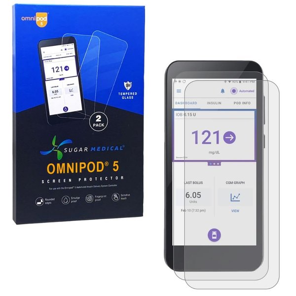 Sugar Medical Omnipod 5® Screen Protector 2Pk- Officially Licensed Premium Tempered 9H Glass screen protector; strong, anti-scratch, smudge proof, and anti-glare technology.