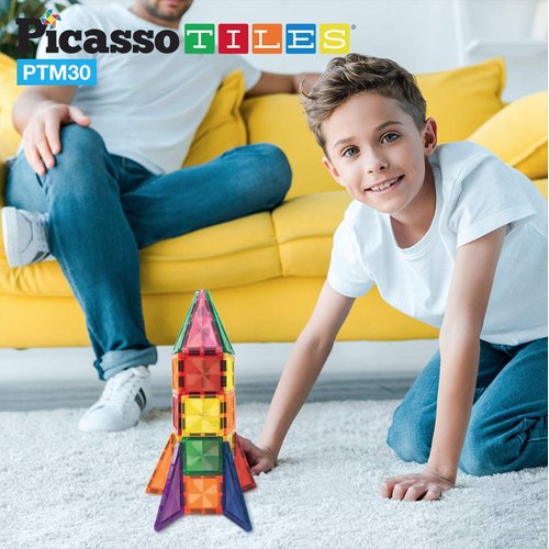 PicassoTiles 30 Piece Magnetic Tiles Building Blocks Mini Size Diamond Series Magnet Toys Travel Size On-The-Go Magnet Construction Sensory Toys Gifts Educational Set STEM Learning Kit Playset PTM30