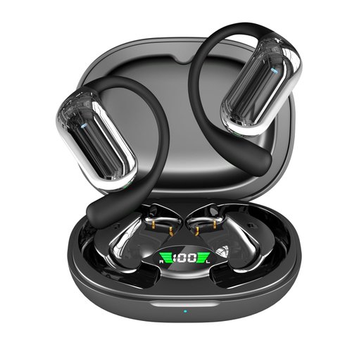 JIECAN Open Ear Headphones Bluetooth V5.3 Wireless Earbuds with Earhooks with Digital Display Charging Case, Conduction Headphones with Mic Waterproof Sport Earbuds for Running (Black)