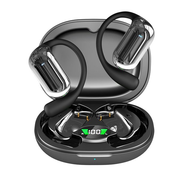 JIECAN Open Ear Headphones Bluetooth V5.3 Wireless Earbuds with Earhooks with Digital Display Charging Case, Conduction Headphones with Mic Waterproof Sport Earbuds for Running (Black)