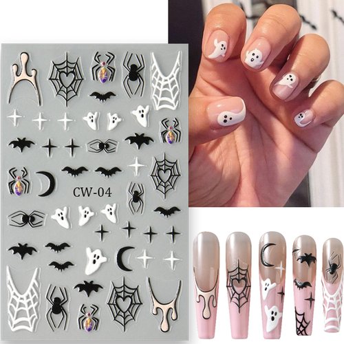 6Sheets Ghost Nail Stickers for Nail Art,5D Micro-Relief Halloween Ghost Nail Decals Scary Spider Charms Skull Bat Nail Decoration Bloody Nail Accessories for Women Acrylic Manicure Holiday Supplies