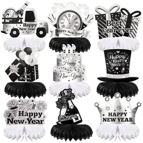 HOWAF 9pcs Happy New Year Honeycomb Centerpieces, New Year Decoration Black Silver Glitter New Year Table Centerpieces for 2025 New Year Eve Party Supplies, Silver 2025 NYE Table Topper