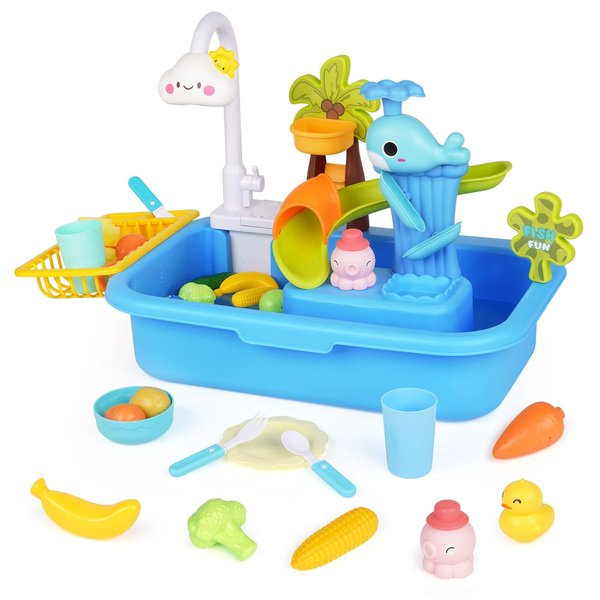 Agirlgle Play Sink with Running Water,3-in-1 Toddler Kitchen Toys Upgraded Water Slide Track,Pool Floating Fishing Toys for Water Play,Kitchen Accessories Kids Role Play Dishwasher Toy (Dolphin Sink)