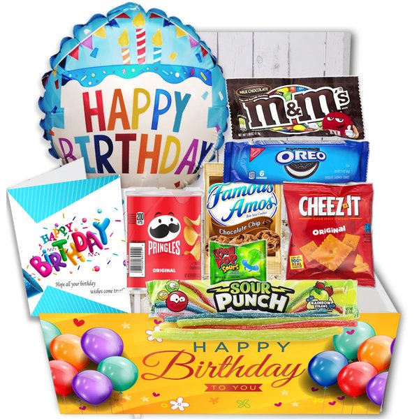 Birthday Gift Basket Candy variety pack with a Happy Birthday Balloon Care Package w/snacks and greeting card, for boy, girl, teenage, adults, best friend, Girlfriend, Boyfriend