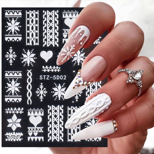 5D Embossed Snowflake Nail Art Stickers Christmas Nail Decal White Flower Lace Nail Decal Snowflake Leaf Nail Sticker Design Self-Adhesive Nail Decoration Supplies for Women DIY Christmas Manicure